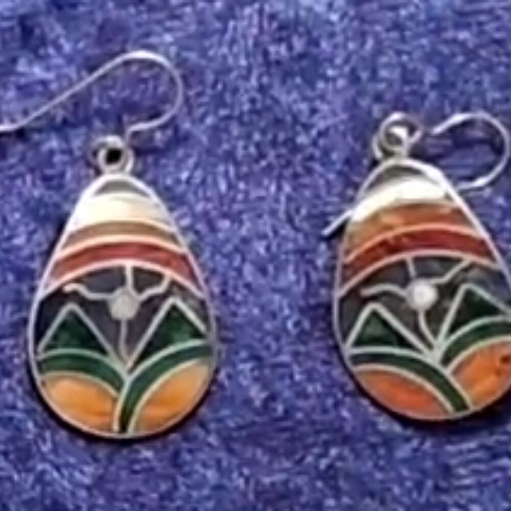 Rare  Vintage 950 Sterling Silver Micro Mosaic Stone Inlay earrings